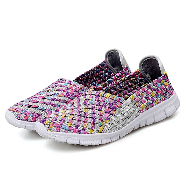 Custom Brand Fashion Zapatos Light Weight Colorful Slip On Breathable Woven Women Flat Shoes Loafer